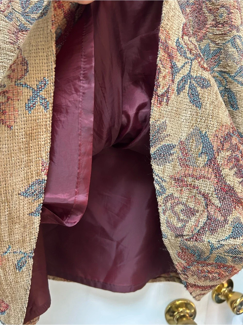 Floral Tapestry A-Line Skirt. Tan w/Rust&Blue Accents. Fully lined. Hidden zipr